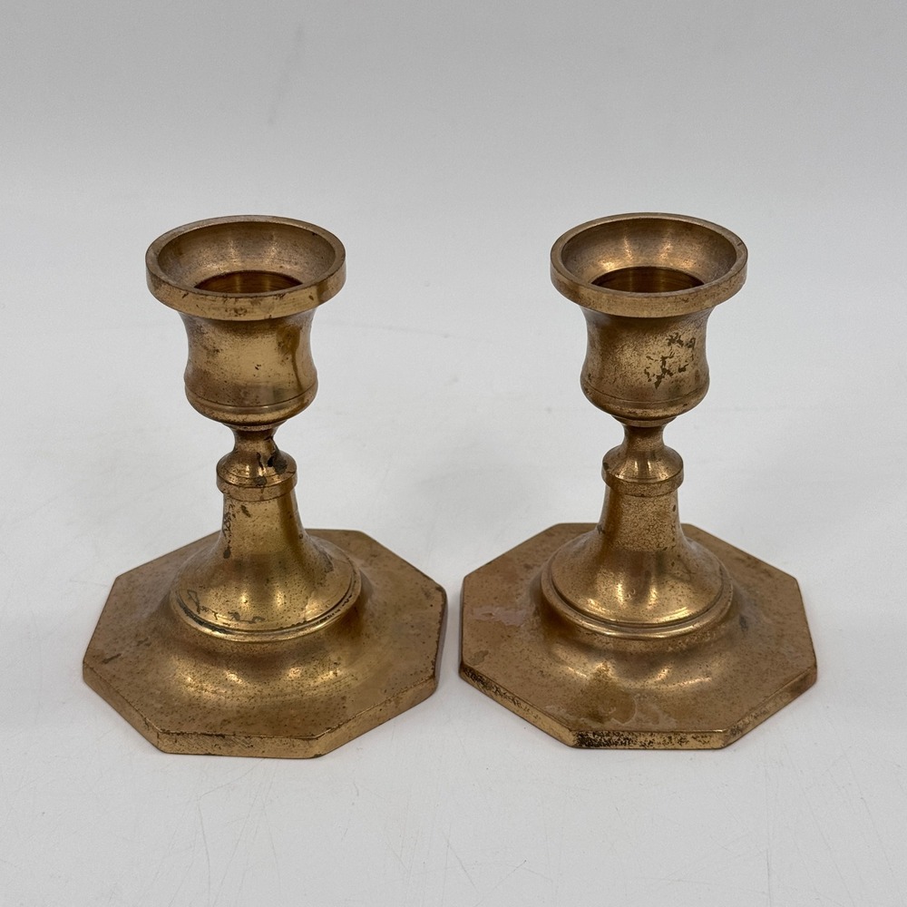 Pair Vintage Solid Brass Candlesticks Octagonal Base Traditional Decor